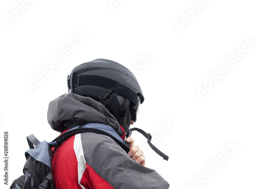 Skier in helmet and ski mask on white background