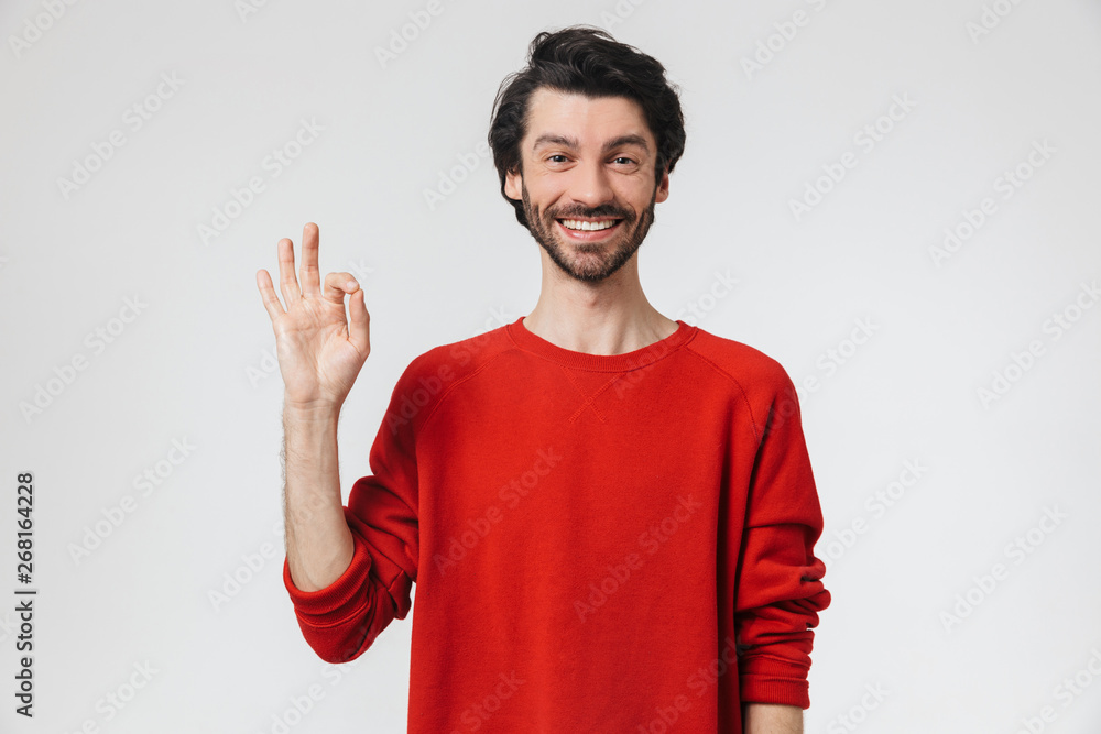 Handsome young happy man posing isolated over white wall background make okay gesture. Handsome young happy man posing isolated over white wall background make okay gesture.