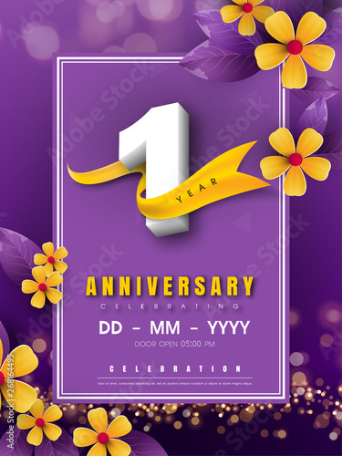 1 years anniversary logo template on golden flower and purple background. 1st celebrating white numbers with gold ribbon vector and bokeh design elements, anniversary invitation template card design