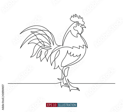Continuous line drawing of rooster. Template for your design works. Vector illustration.