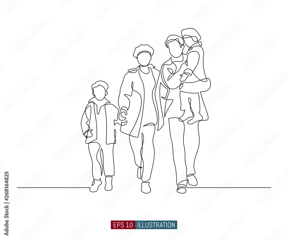 Continuous line drawing of happy family walking. Template for your design works. Vector illustration. Continuous line drawing of happy family walking. Template for your design works. Vector illustration.