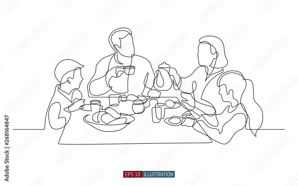 Continuous line drawing of family breakfast. Template for your design works. Vector illustration.