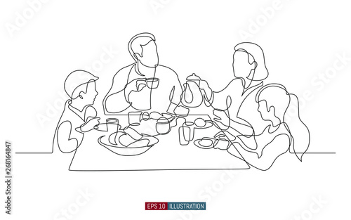Continuous line drawing of family breakfast. Template for your design works. Vector illustration.