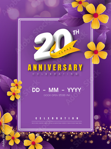 20 years anniversary logo template on golden flower and purple background. 20th celebrating white numbers with gold ribbon vector and bokeh design elements, anniversary invitation template card design