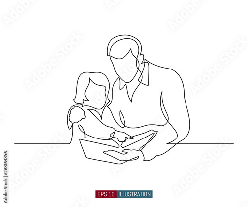 Continuous line drawing of father and daughter read a book. Template for your design works. Vector illustration.