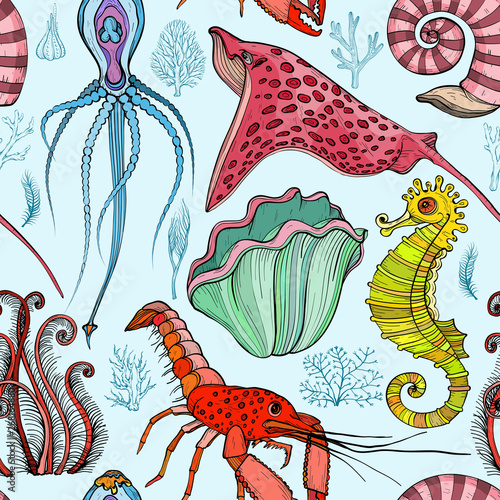 Seamless pattern with hand drawn deepwater living organisms