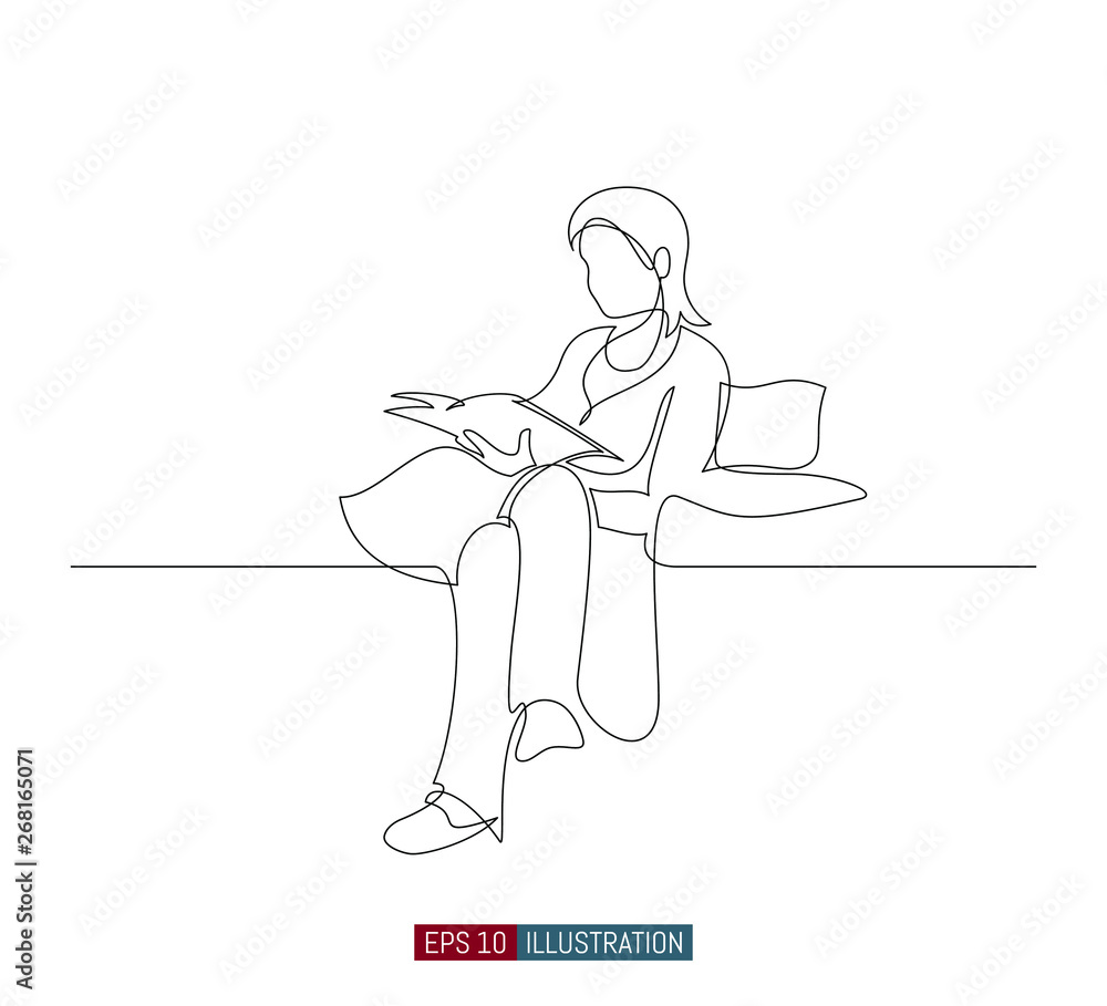 Continuous line drawing of girl with a book in the armchair. Template for your design works. Vector illustration.