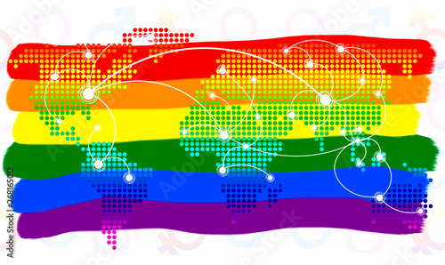 LGBT symbol. The color of rainbow flag and world map virtual button on white background.