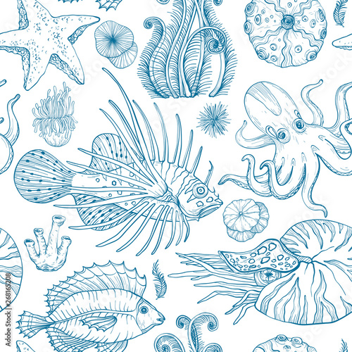 Seamless pattern with sketch of deepwater living organisms