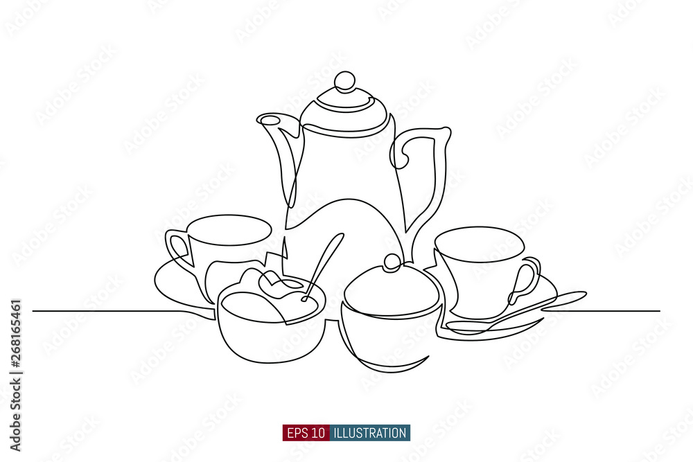 Continuous line drawing of tea set. Template for your design works. Vector illustration. Continuous line drawing of tea set. Template for your design works. Vector illustration.