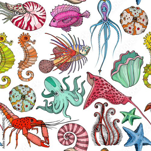 Seamless pattern with hand drawn marine life.