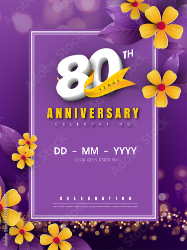 80 years anniversary logo template on golden flower and purple background. 80th celebrating white numbers with gold ribbon vector and bokeh design elements, anniversary invitation template card design