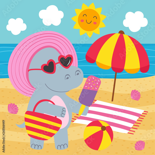 hippo girl with ice cream on the beach - vector illustration, eps