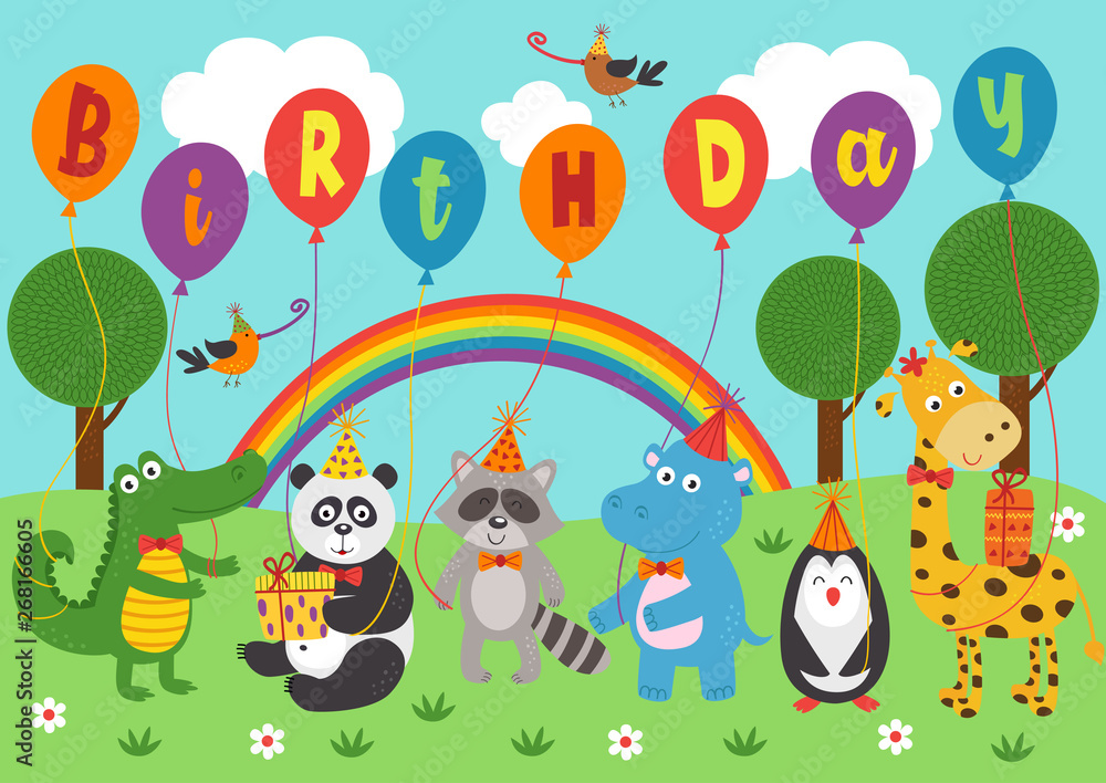 Obraz premium poster funny animals keep balloons birthday - vector illustration, eps