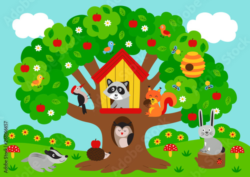 poster tree with forest animals - vector illustration, eps