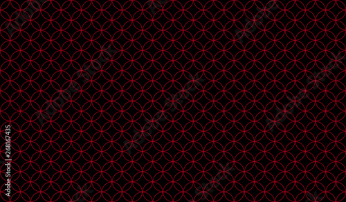 Abstract seamless pattern of overlapping thin red circles against a black background, symmetrical design inspiration forming a pleasing, optical pattern used as a background or decorative purposes