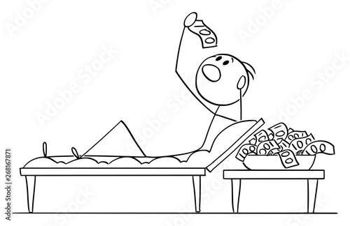 Vector cartoon stick figure drawing conceptual illustration of wealthy man or businessman lying on couch in roman or lucullan style and eating banknotes or cash money.