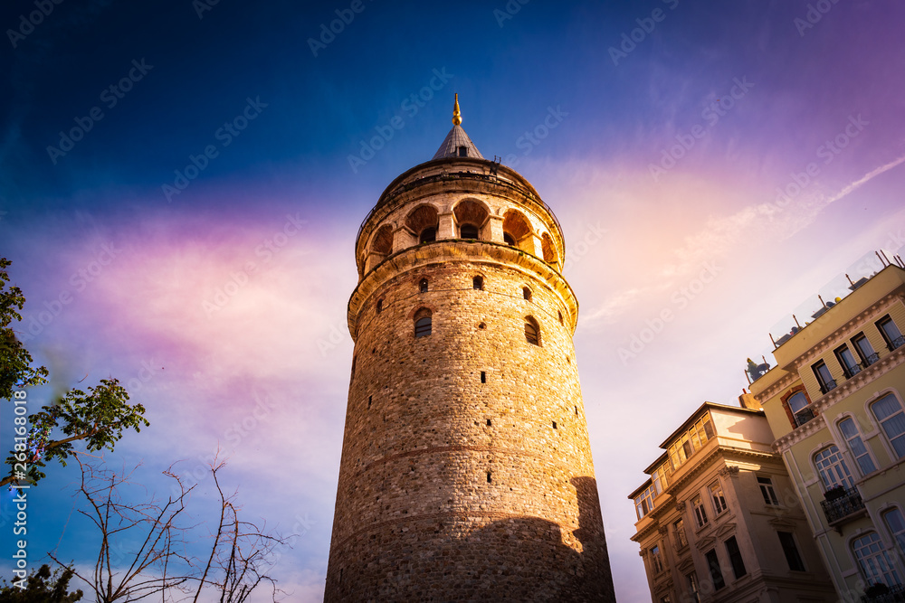 Galata Tower and the street in the Old Town of Istanbul, Turkey