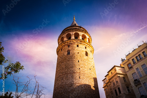 Galata Tower and the street in the Old Town of Istanbul, Turkey