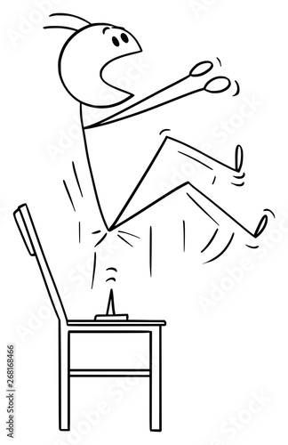 Vector cartoon stick figure drawing conceptual illustration of man who spring up when sit down on the thumbtack or drawing pin placed on the chair.