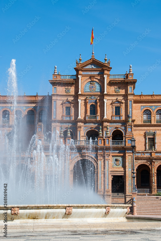 Big fountain on the Plaza de Espana, Sevilla, Andalusia, Spain.