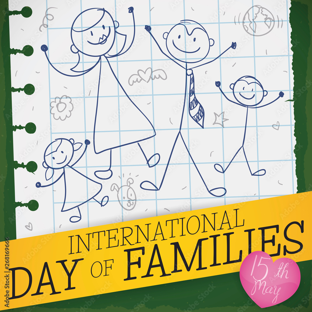 Cute Drawing in Notebook Paper for International Day of Families, Vector Illustration
