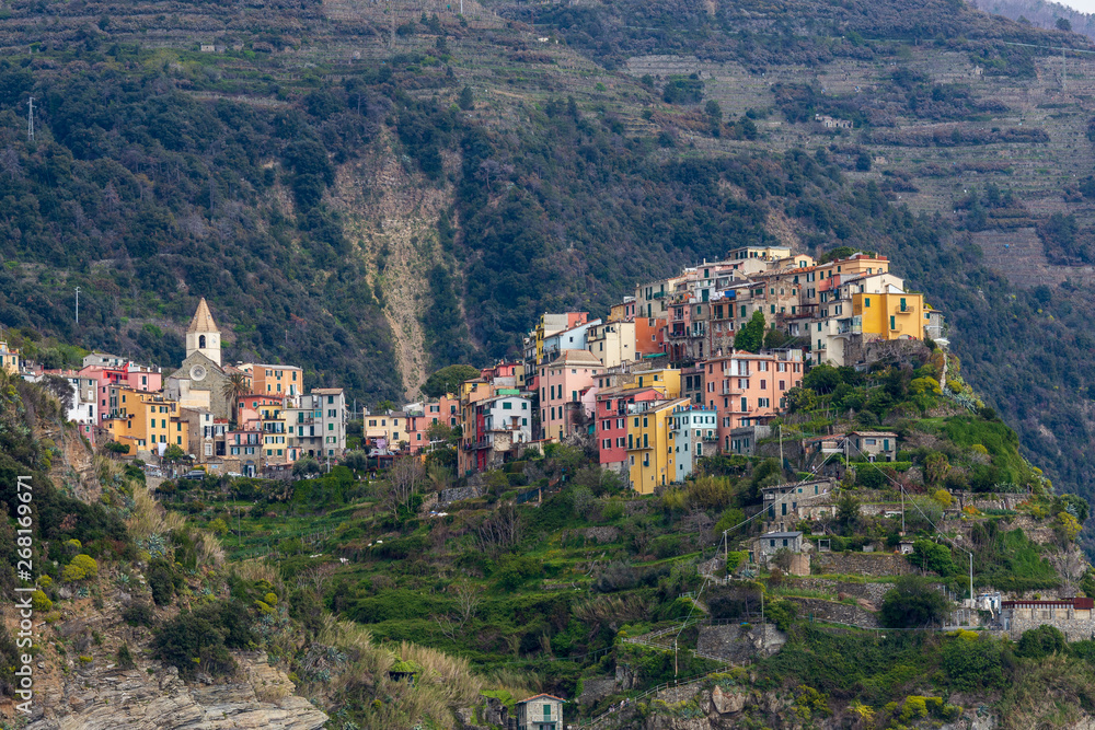 Cinqueterre, Italy . 04-19-2019. View of Corniglia village one of five villages of Cinqueterre. Liguria. Italy.