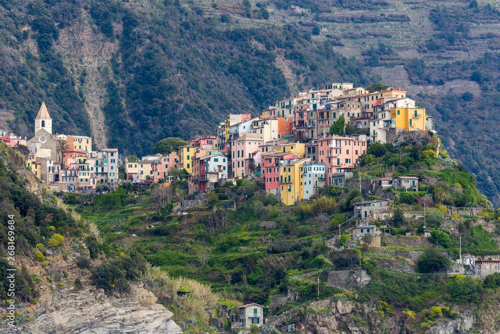Fototapeta premium Cinqueterre, Italy . 04-19-2019. View of Corniglia village one of five villages of Cinqueterre. Liguria. Italy.