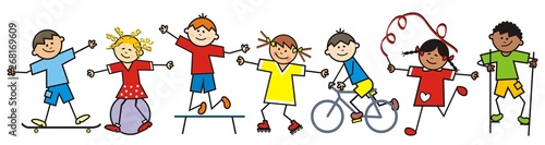 Happy kids and sports equipment, funny vector illustration