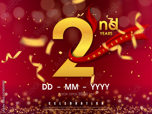 2 years anniversary logo template on gold background. 2nd celebrating golden numbers with red ribbon vector and confetti isolated design elements