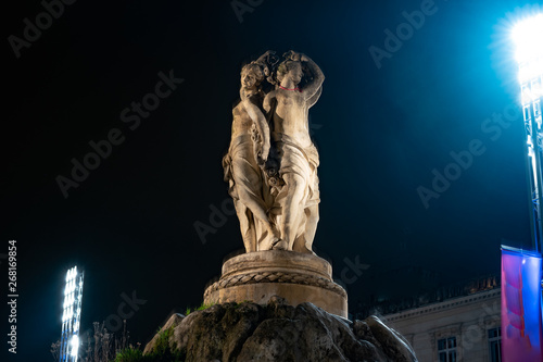 View on the statue of Three Graces with Opera building on the background in Montpellier city in France