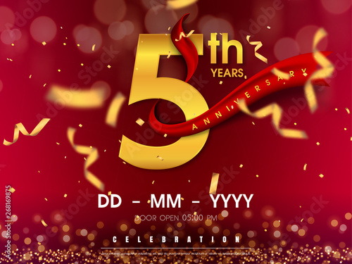 5 years anniversary logo template on gold background. 5th celebrating golden numbers with red ribbon vector and confetti isolated design elements