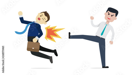 Manager Businessman kick a employee out vector illustration.Get out businessman concept.Business betray situation.