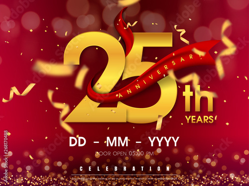 25 years anniversary logo template on gold background. 25th celebrating golden numbers with red ribbon vector and confetti isolated design elements