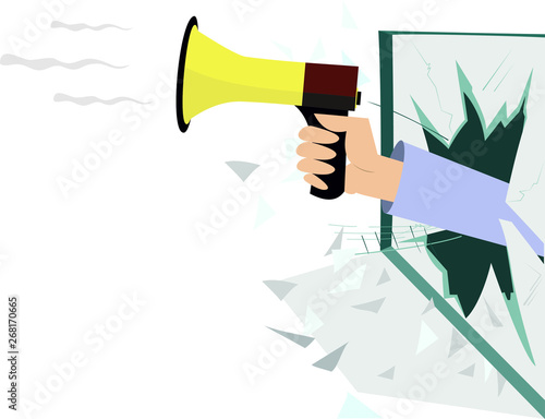 Hand with megaphone breaks the window isolated illustration. Hand with megaphone appears from the broken window isolated on white 