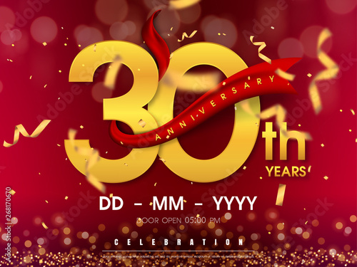 30 years anniversary logo template on gold background. 30th celebrating golden numbers with red ribbon vector and confetti isolated design elements