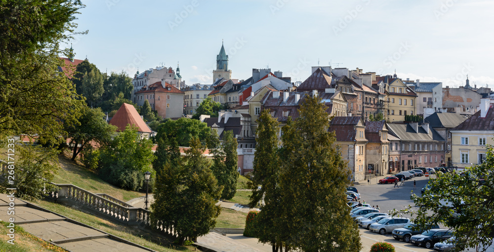 View of Lublin from the observation deck of the castle. The Donjon Tower is a Romanesque defensive tower, the oldest building on Castle Hill. View of Lublin from the observation deck of the castle. The Donjon Tower is a Romanesque defensive tower, the oldest building on Castle Hill.