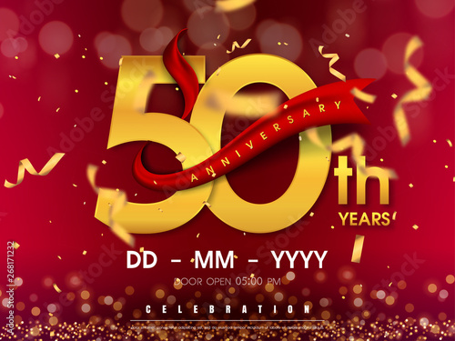 50 years anniversary logo template on gold background. 50th celebrating golden numbers with red ribbon vector and confetti isolated design elements
