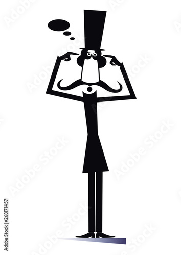 Thinking long mustache man in the top hat illustration. Mustache man in the top hat points two fingers to his head and thinks how to settle the problem or creates new ideas black on white illustration