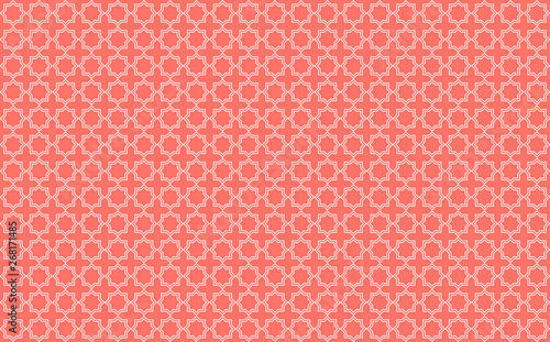 Star and cross tile-like design with white accents on coral pink background inspired by Moroccan tilework known as zellige or mosaic, seamless pattern inspiration forming a symmetrical decor element