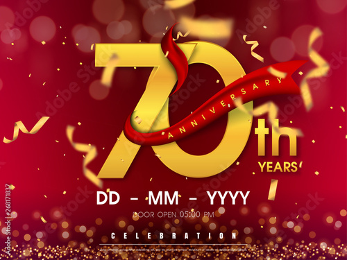 70 years anniversary logo template on gold background. 70th celebrating golden numbers with red ribbon vector and confetti isolated design elements