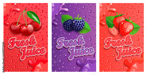 Set of blackberry, cherry and strawberry fresh juice banner with splash. Template for brand, label, emblem, store, packaging, advertising, poster.Vector illustration of healthy juicy vitamin drink.
