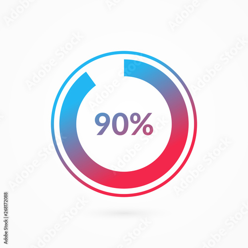 90 percent blue and red gradient pie chart sign. Percentage vector infographic symbol. Circle diagram isolated, illustration for business, download, web icon, design