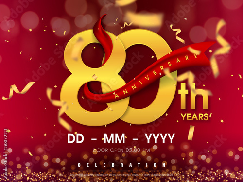 80 years anniversary logo template on gold background. 80th celebrating golden numbers with red ribbon vector and confetti isolated design elements