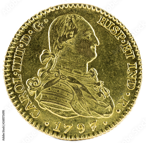 Ancient Spanish gold coin of King Carlos IV. With a value of 2 escudos and minted in Sevilla. 1797. Obverse. photo