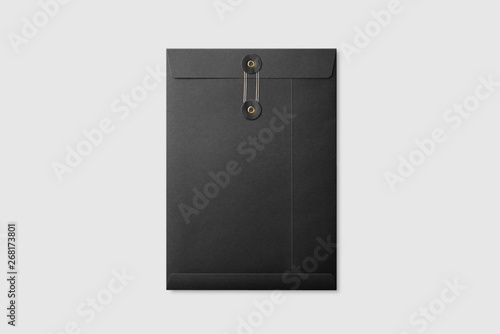 Black paper A4/C4 size String and Washer Envelope Mockup on light grey background. High resolution.