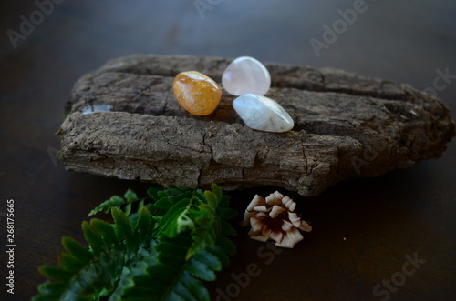Crystal Kit: Citrine, Rose Quartz, and Moonstone. Crystal variety pack, Tumbled Crystal bundle. Small tumbled healing crystals in natural lighting, witchy Wiccan tools. 