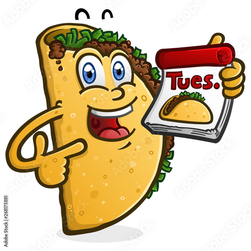 A happy smiling Taco cartoon character holding a calendar for Taco Tuesday