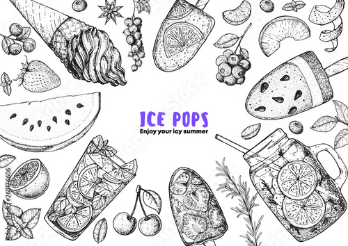 Popsicle ice cream, hand drawn vector illustration. Ice tea and ice cream. Summer food and drink. Sketch illustration for menu design. Ice pops collection.