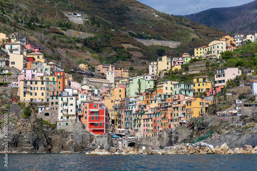 Cinqueterre, Italy . 04-19-2019. View of Riomaggiore village one of five villages of Cinqueterre. Liguria. Italy.